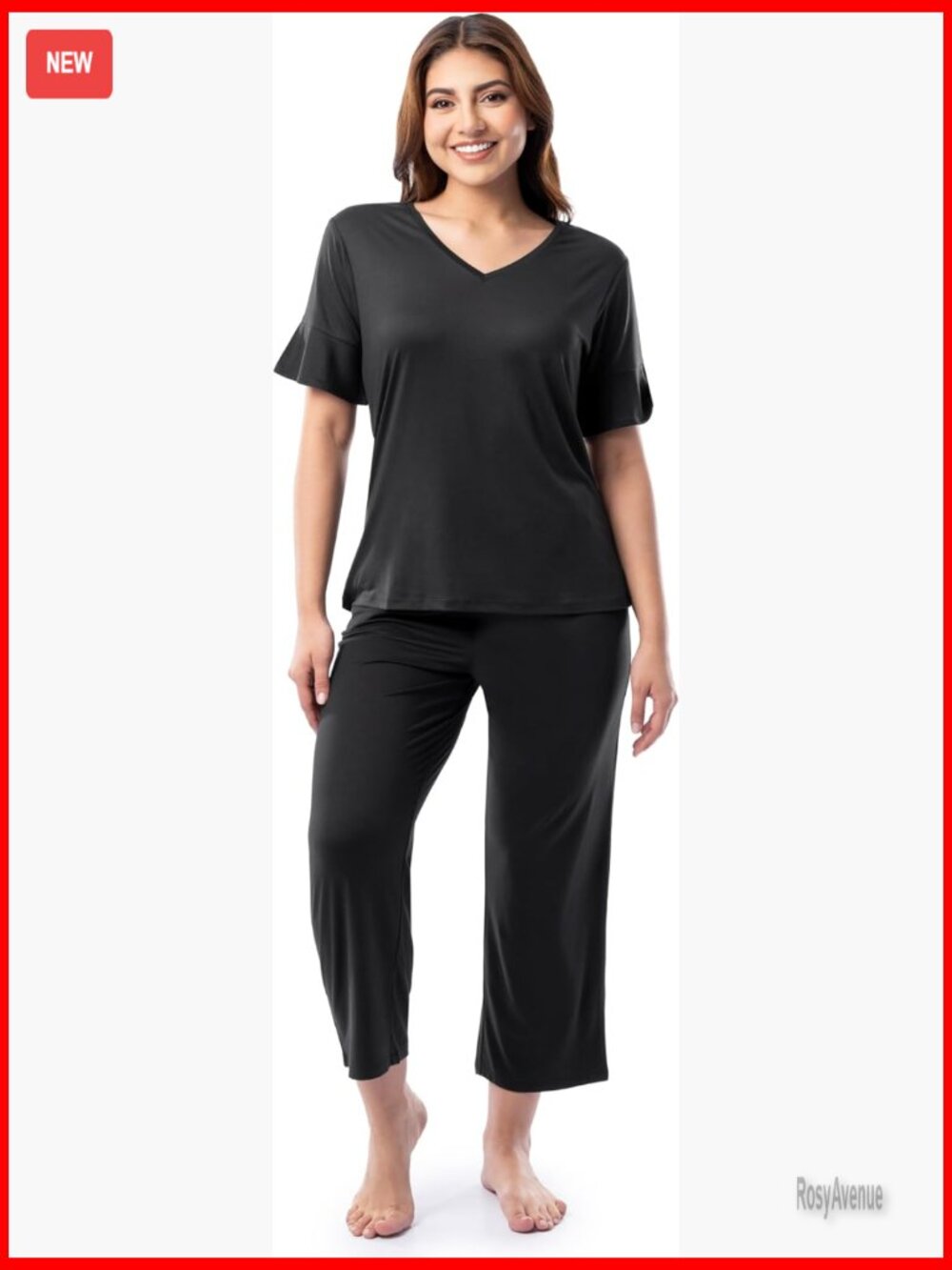 V-Neck Flutter Sleeve Tee & Capri Pajama Set - High Stretch